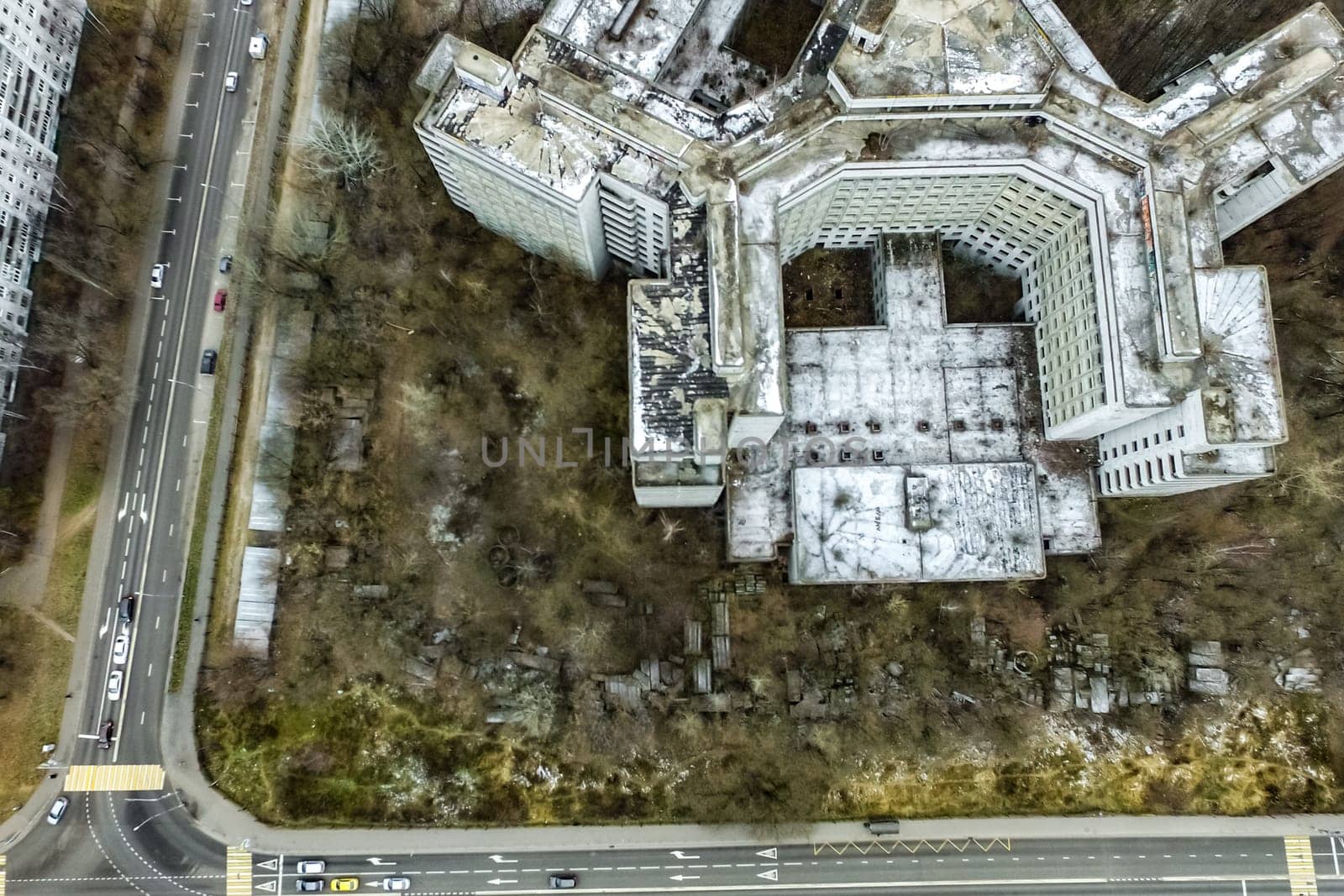 Top view of the city of Moscow, buildings and roads and other infrastructure of the city. Cityscape view from above.