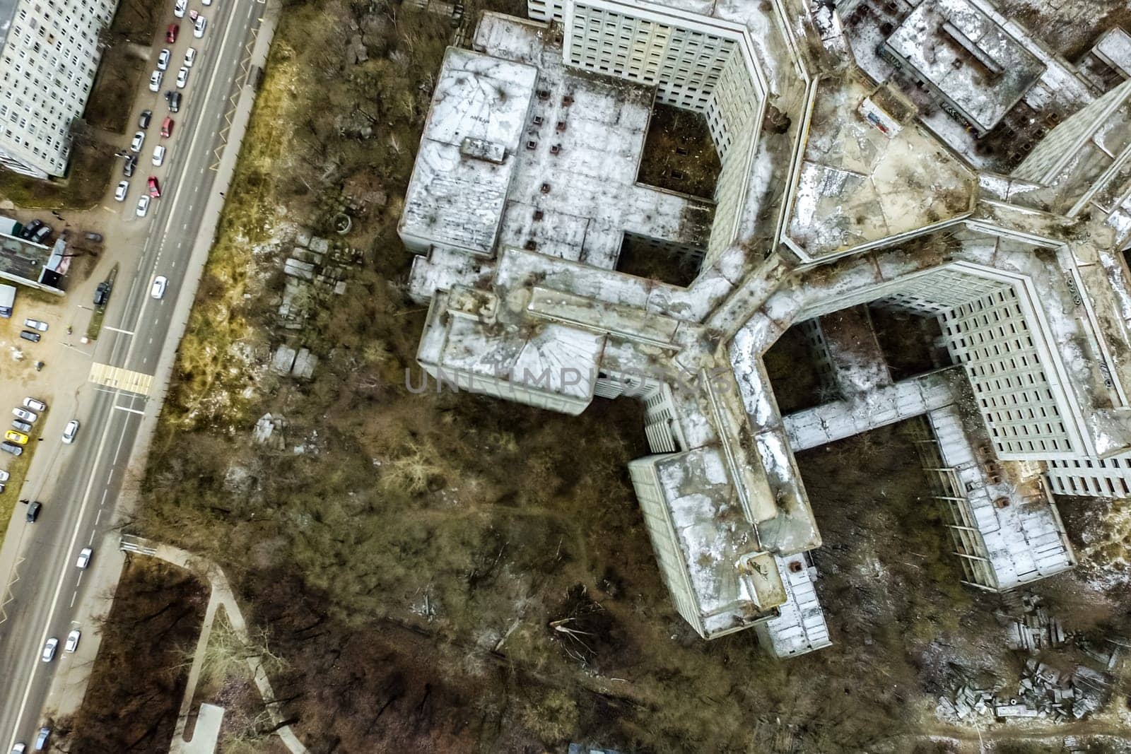 Top view of the city of Moscow, buildings and roads and other infrastructure of the city. Cityscape view from above.