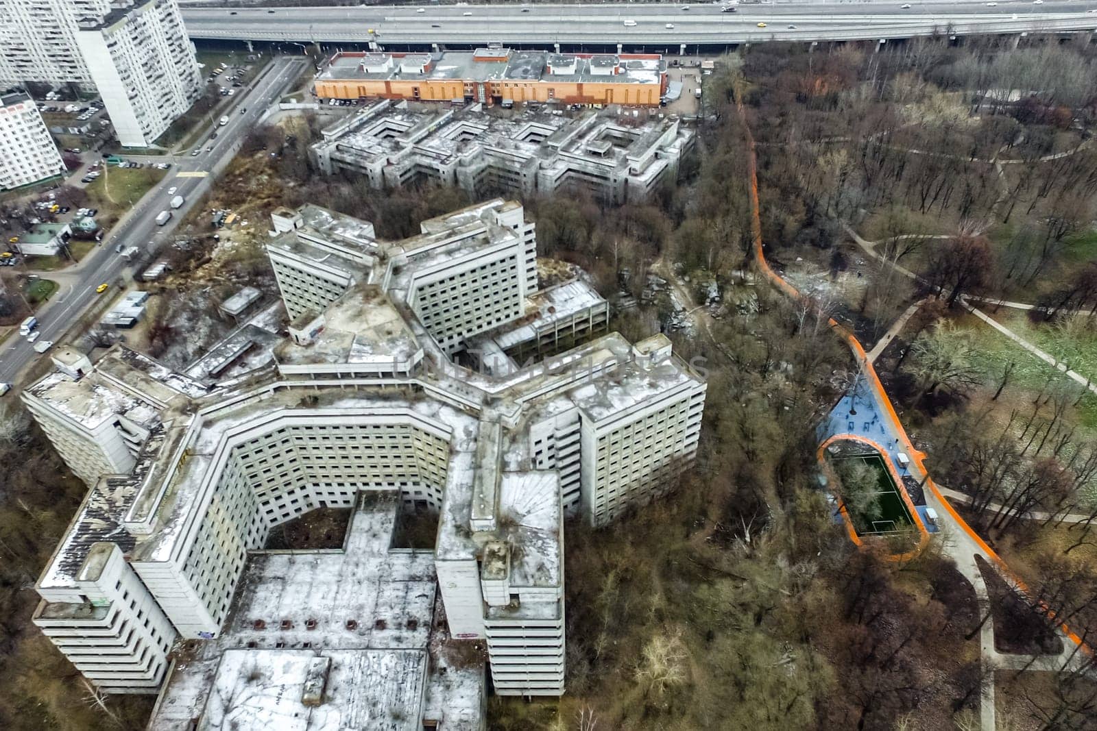 Top view of the city of Moscow, buildings and roads and other infrastructure of the city. Cityscape view from above.