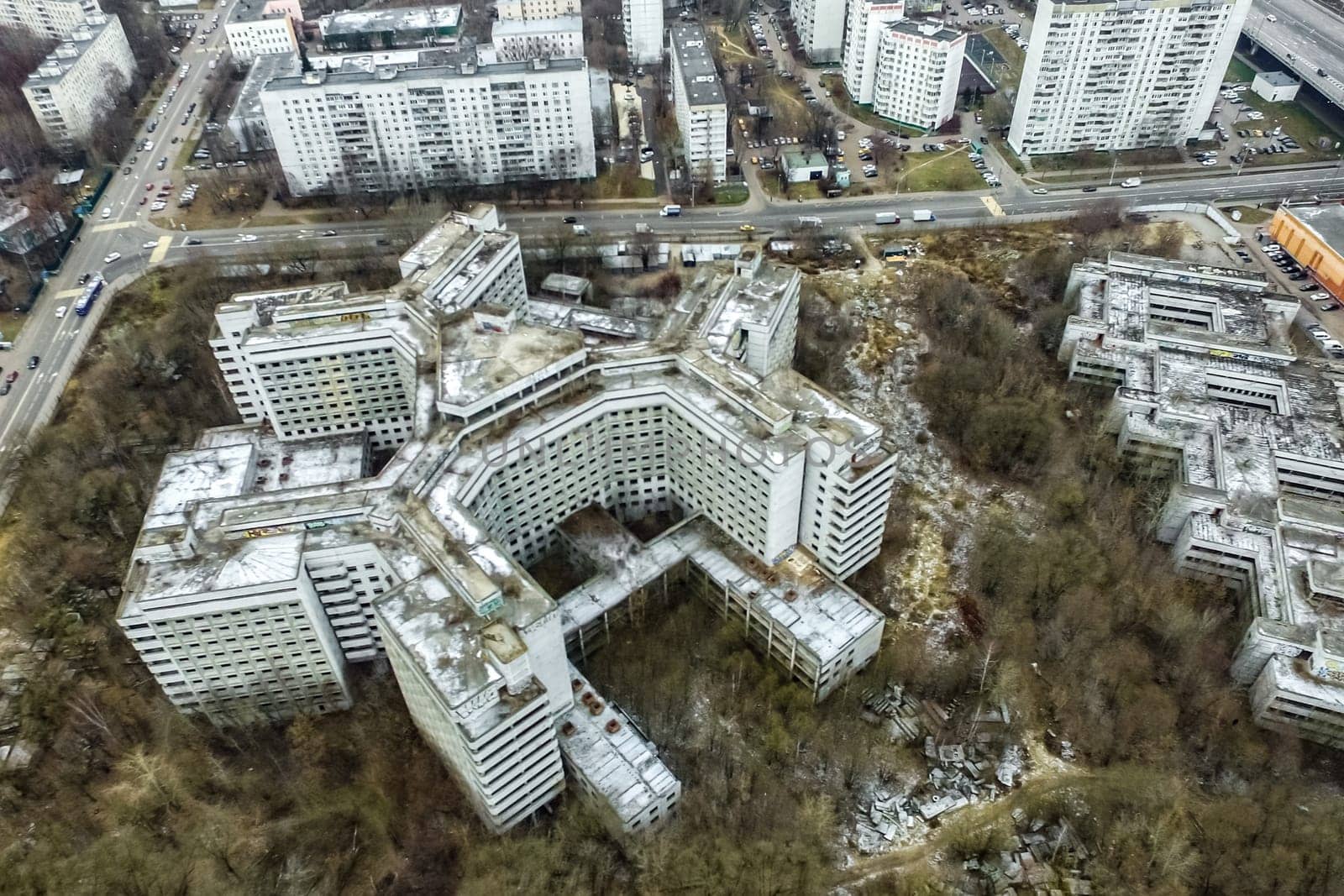 Top view of the city of Moscow, buildings and roads and other infrastructure of the city. Cityscape view from above.