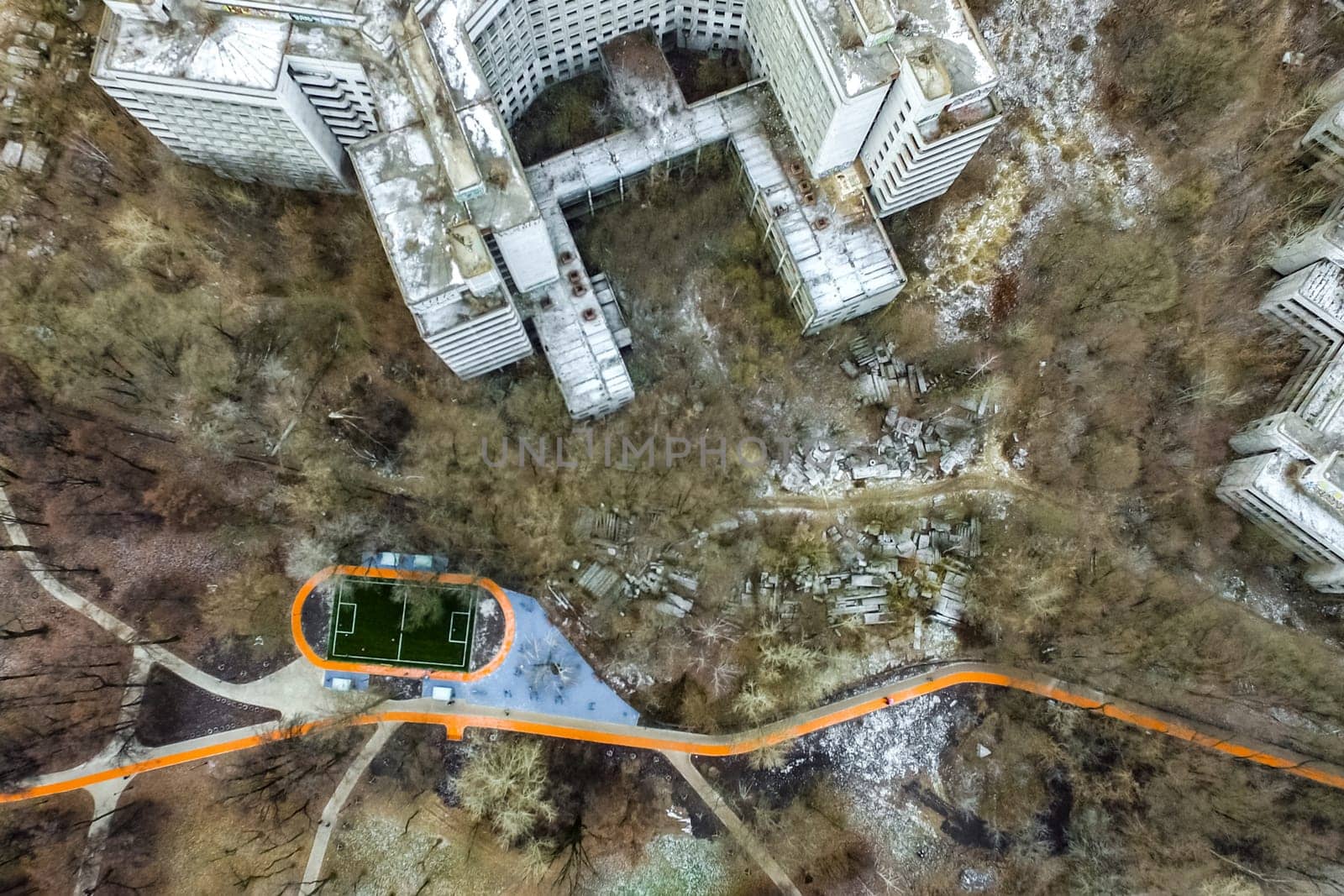 Top view of the city of Moscow, buildings and roads and other infrastructure of the city. Cityscape view from above.