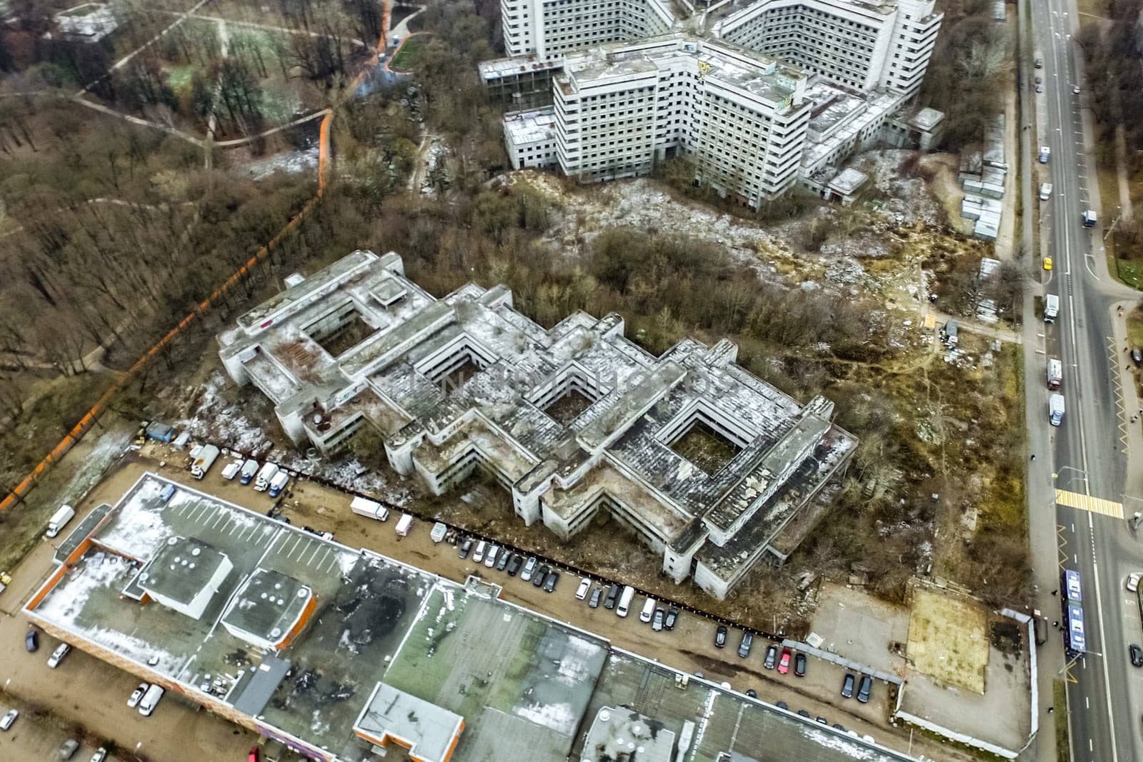 Top view of the city of Moscow, buildings and roads and other infrastructure of the city. Cityscape view from above.