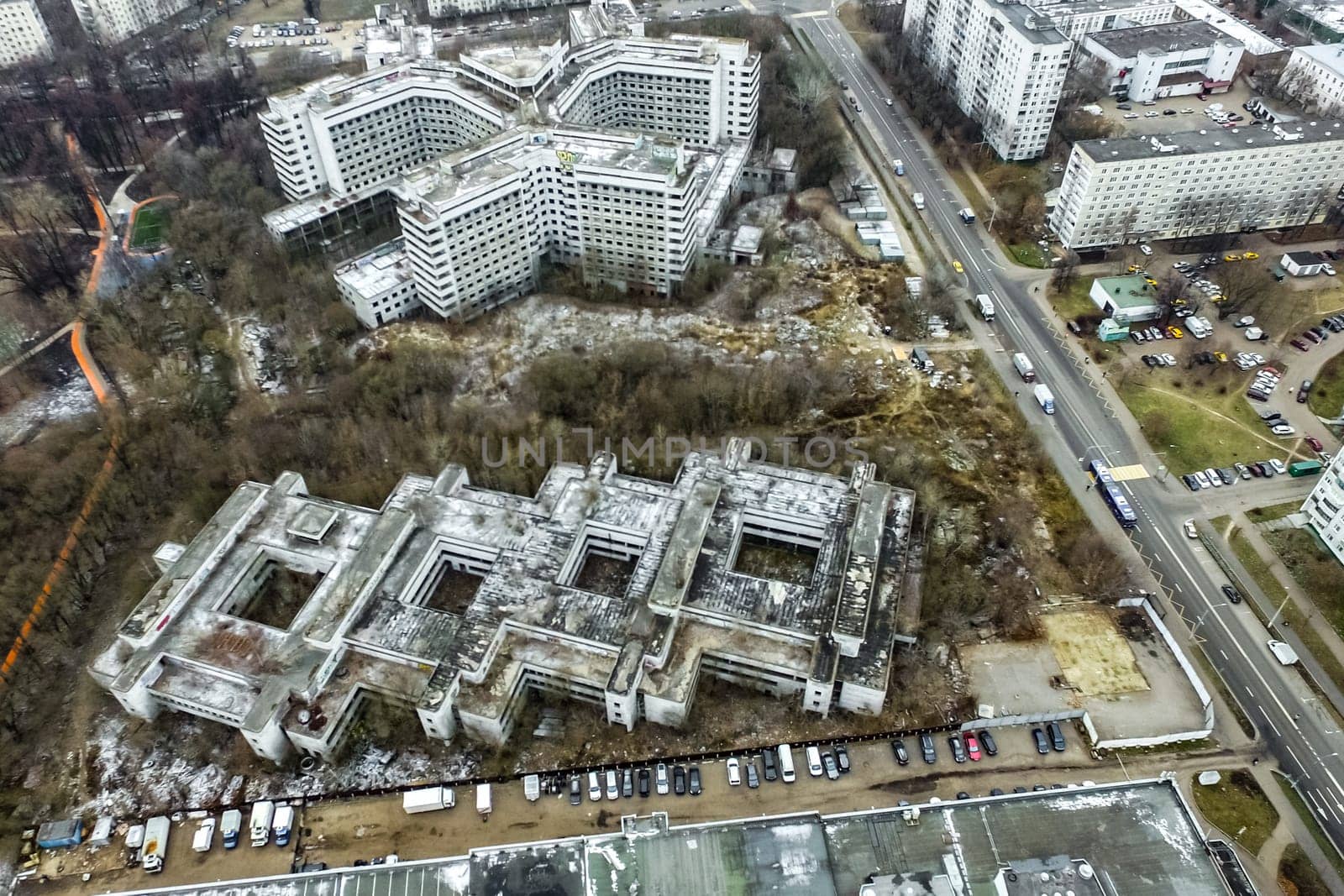 Top view of the city of Moscow, buildings and roads and other infrastructure of the city. Cityscape view from above.