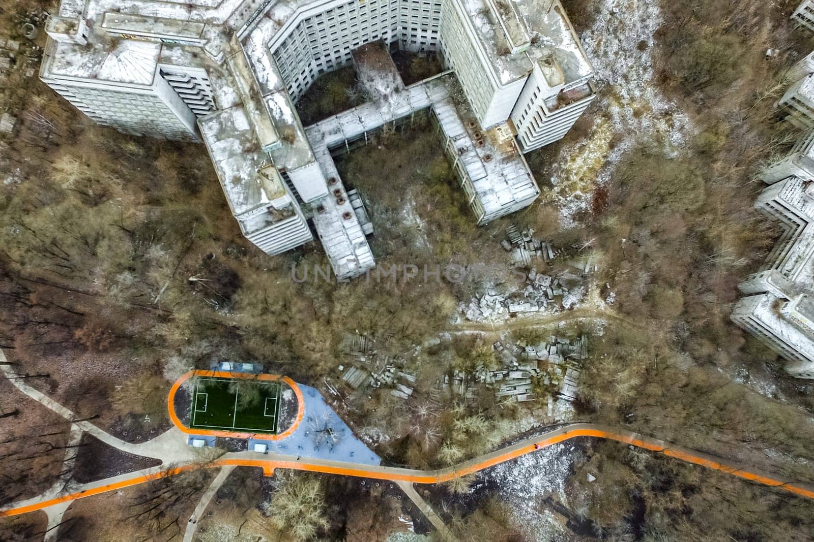 Top view of the city of Moscow, buildings and roads and other infrastructure of the city. Cityscape view from above.