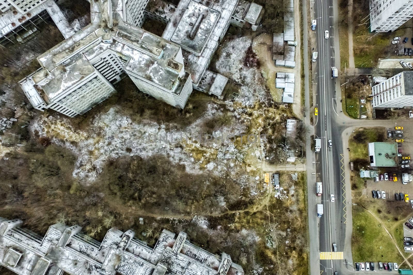 Top view of the city of Moscow, buildings and roads and other infrastructure of the city. Cityscape view from above.
