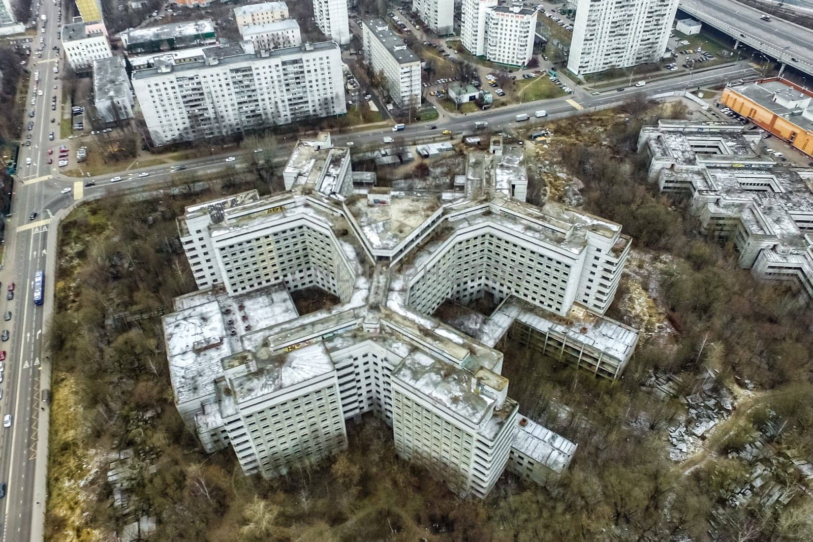 Top view of the city of Moscow, buildings and roads and other infrastructure of the city. Cityscape view from above.