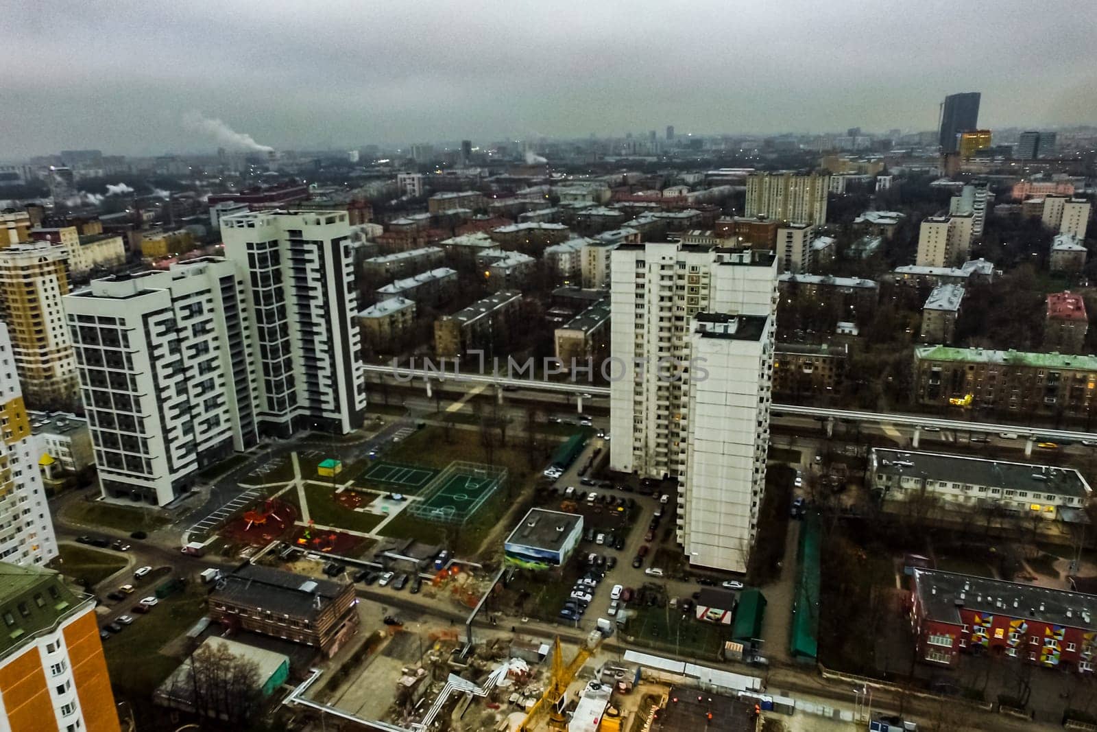 Top view of the city of Moscow, buildings and roads and other infrastructure of the city. Cityscape view from above.