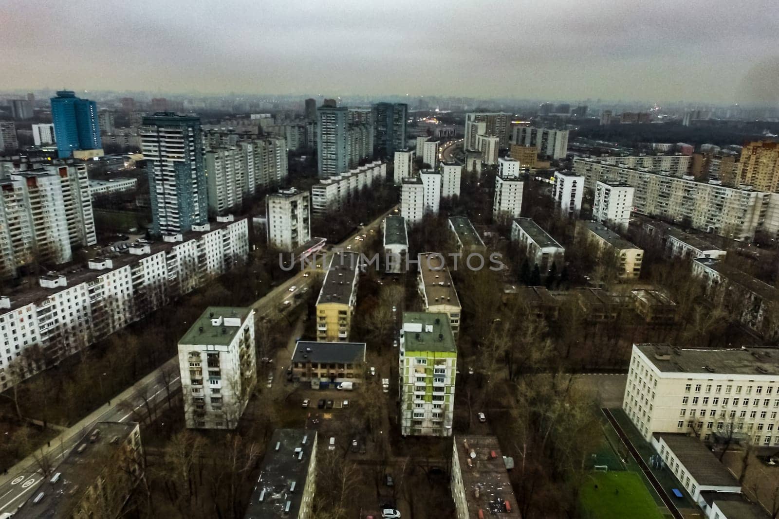 Top view of the city of Moscow, buildings and roads and other infrastructure of the city. Cityscape view from above.