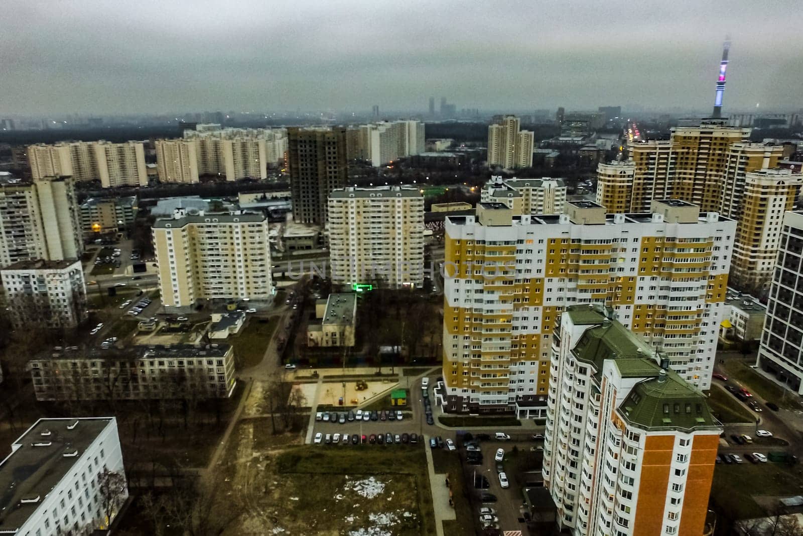 Top view of the city of Moscow, buildings and roads and other infrastructure of the city. Cityscape view from above.