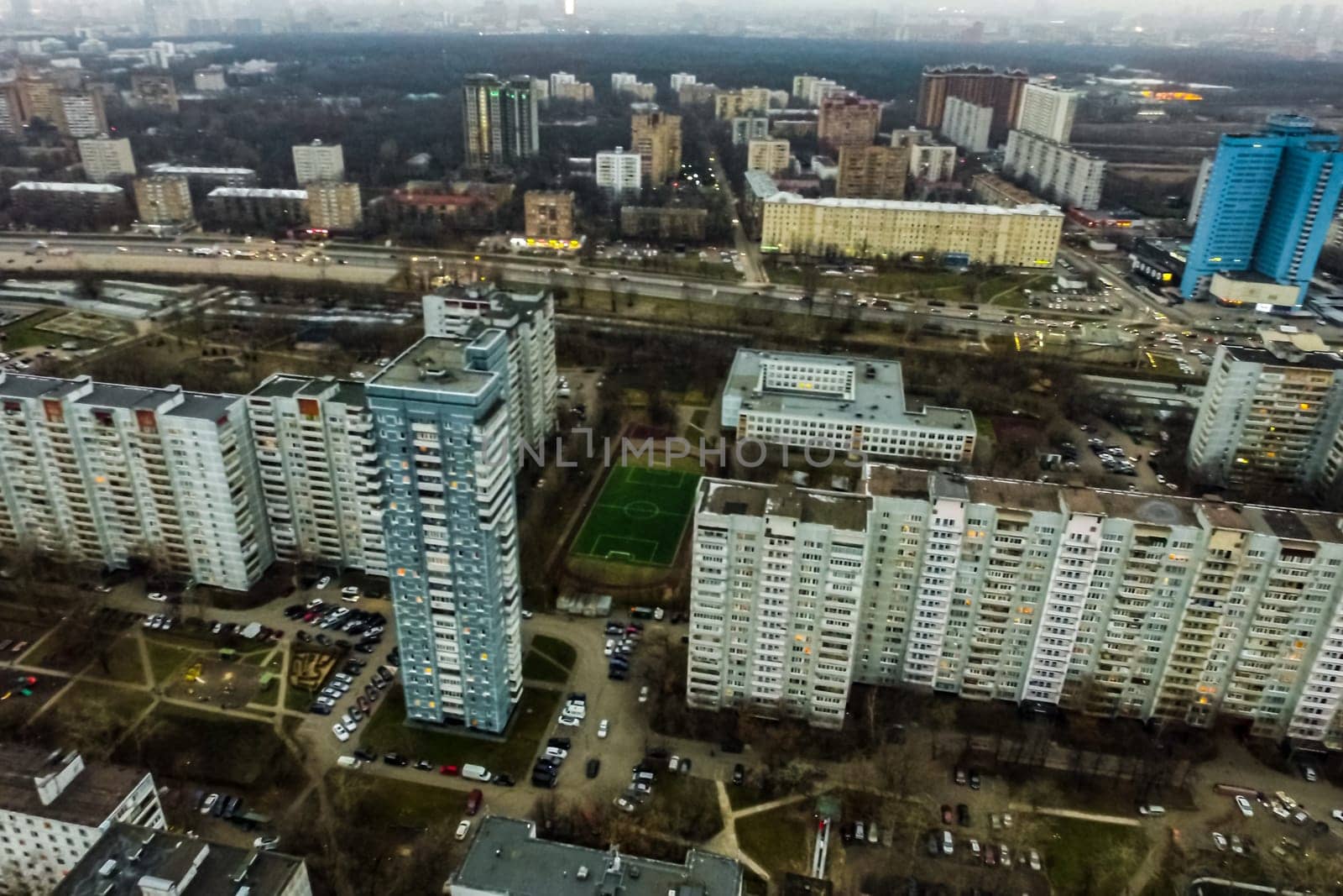 Top view of the city of Moscow, buildings and roads and other infrastructure of the city. Cityscape view from above.