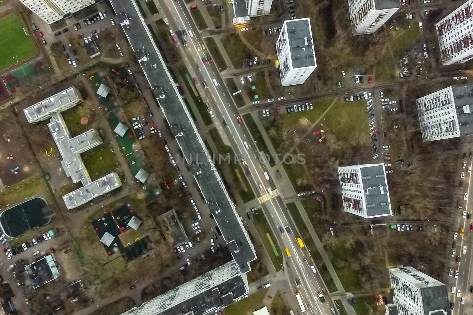 Top view of the city of Moscow, buildings and roads and other infrastructure of the city. Cityscape view from above.