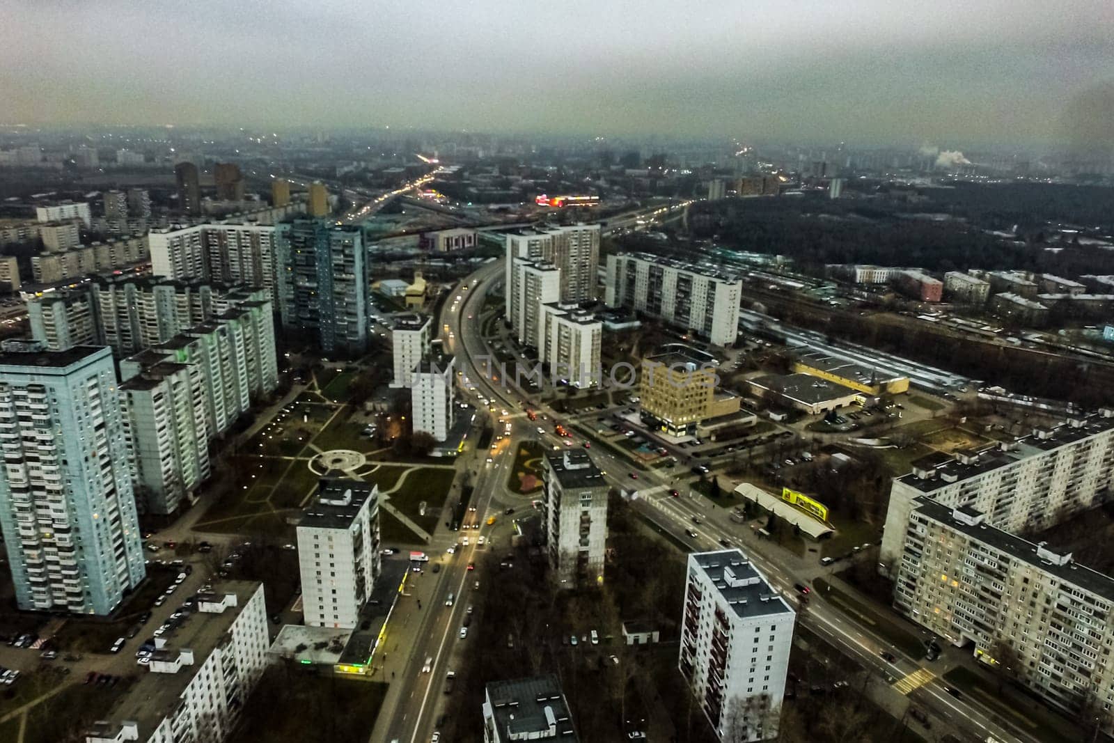 Top view of the city of Moscow, buildings and roads and other infrastructure of the city. Cityscape view from above.