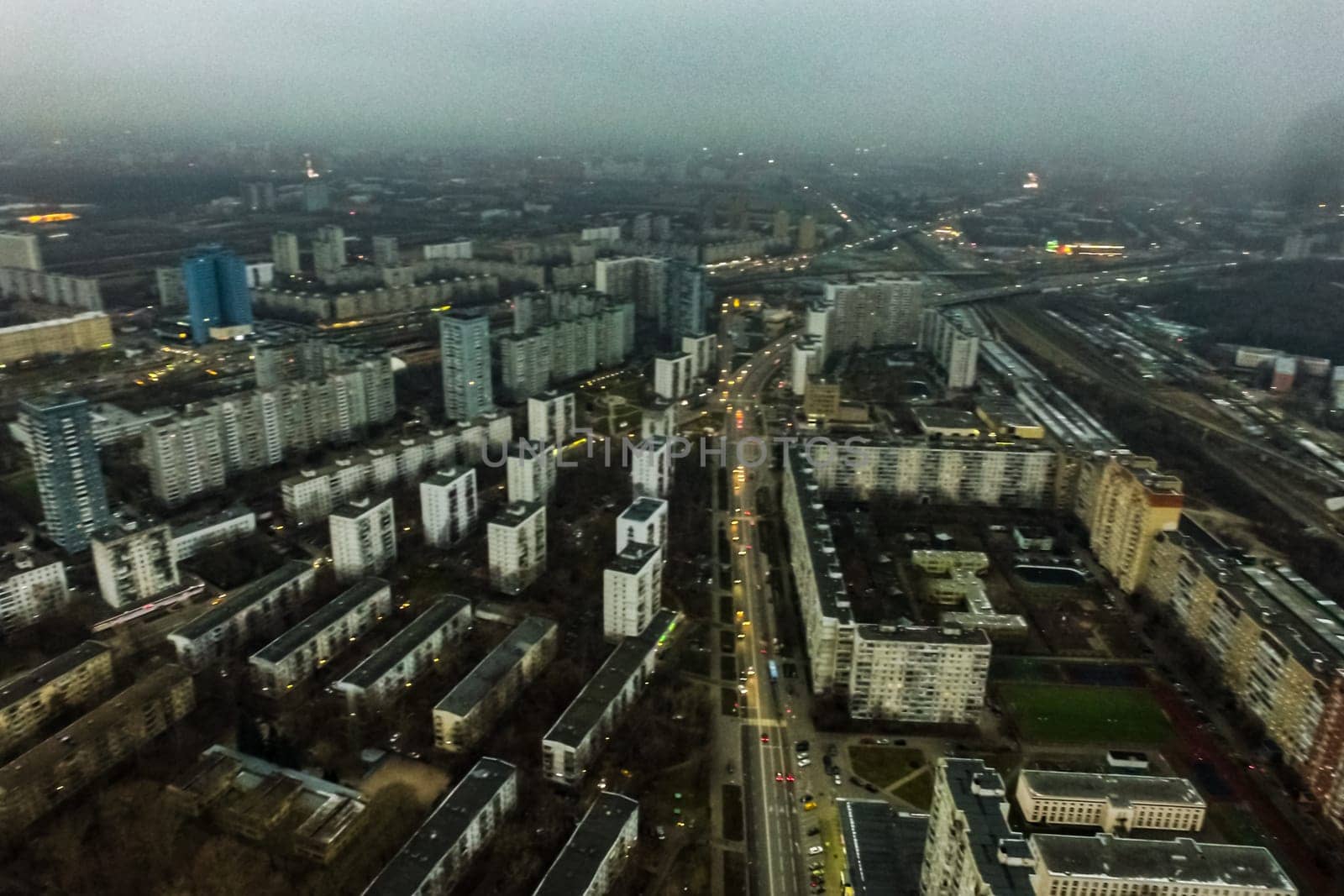 Top view of the city of Moscow, buildings and roads and other infrastructure of the city. Cityscape view from above.
