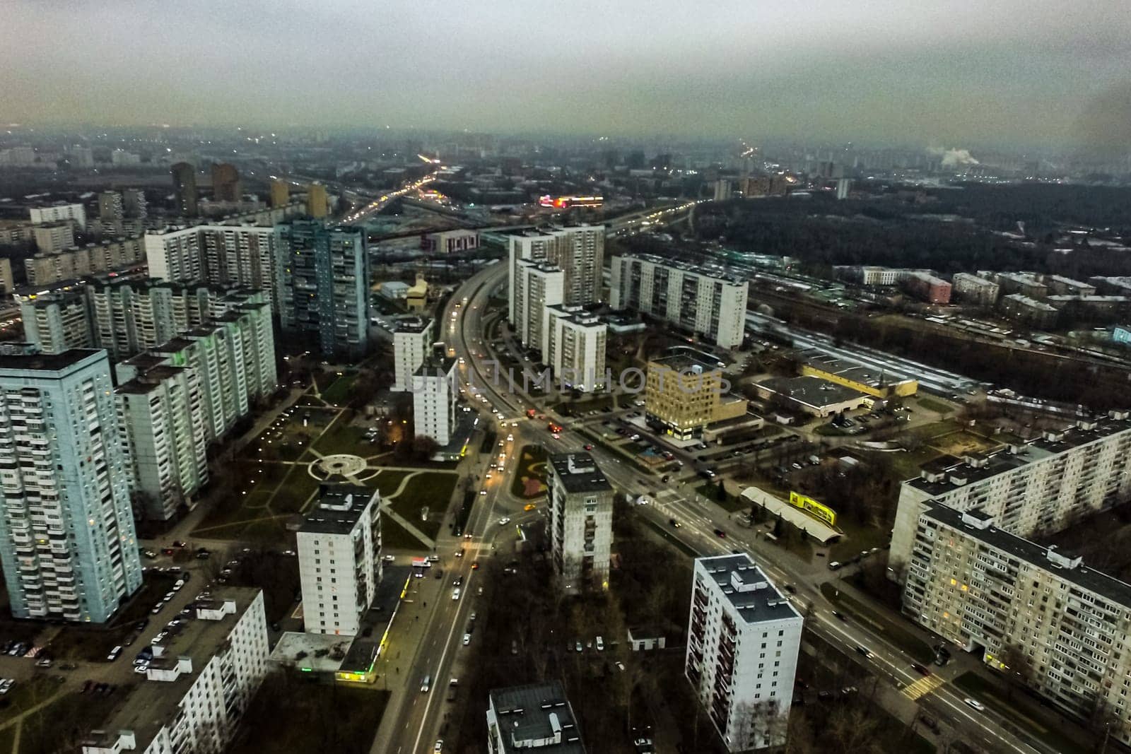 Top view of the city of Moscow, buildings and roads and other infrastructure of the city. Cityscape view from above.