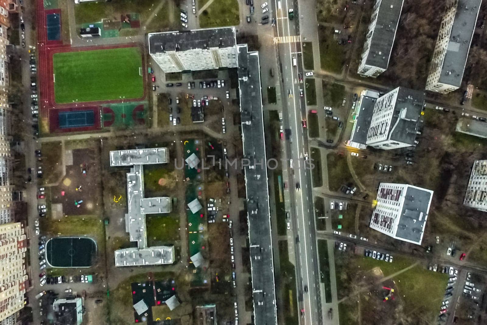 Top view of the city of Moscow, buildings and roads and other infrastructure of the city. Cityscape view from above.