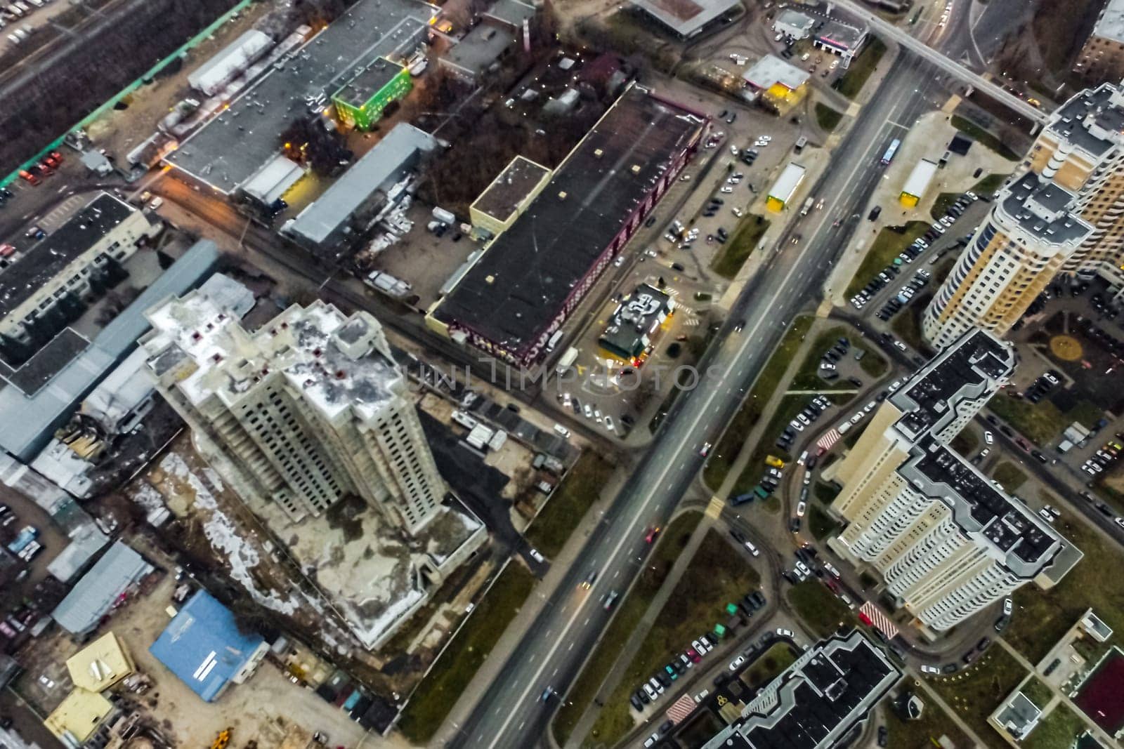 Top view of the city of Moscow, buildings and roads and other infrastructure of the city. Cityscape view from above.
