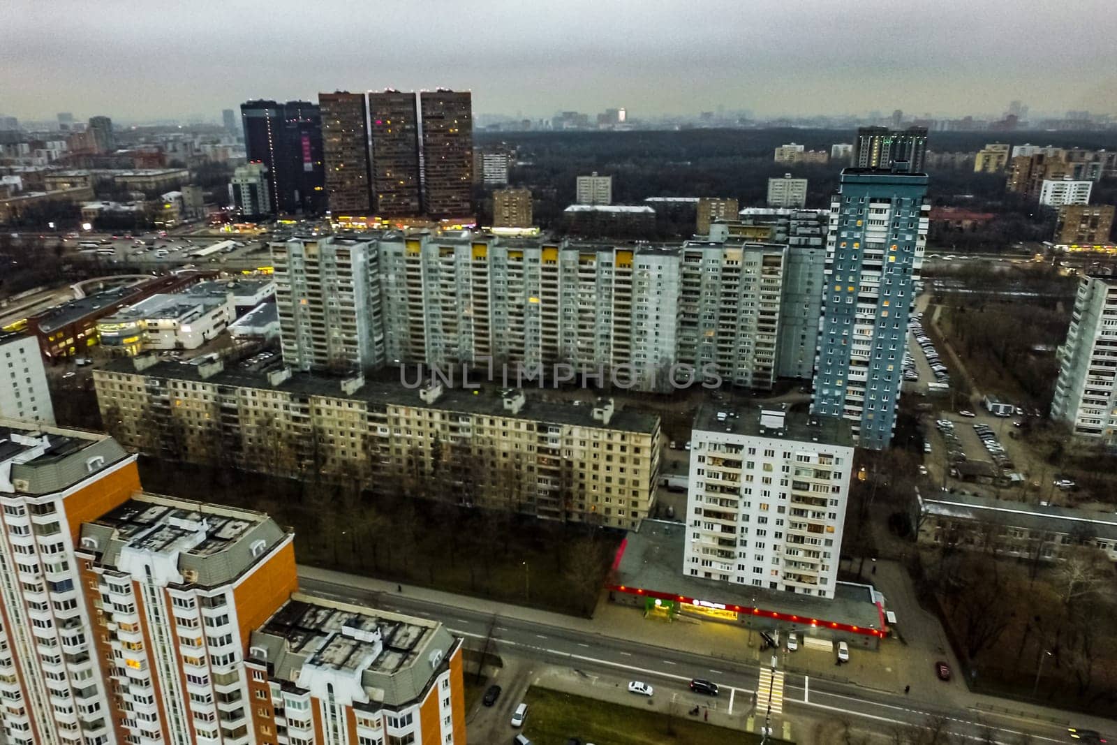 Top view of the city of Moscow, buildings and roads and other infrastructure of the city. Cityscape view from above.