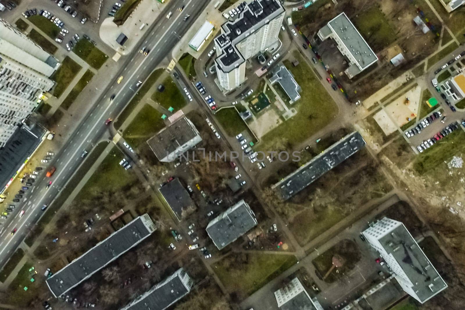 Top view of the city of Moscow, buildings and roads and other infrastructure of the city. Cityscape view from above.
