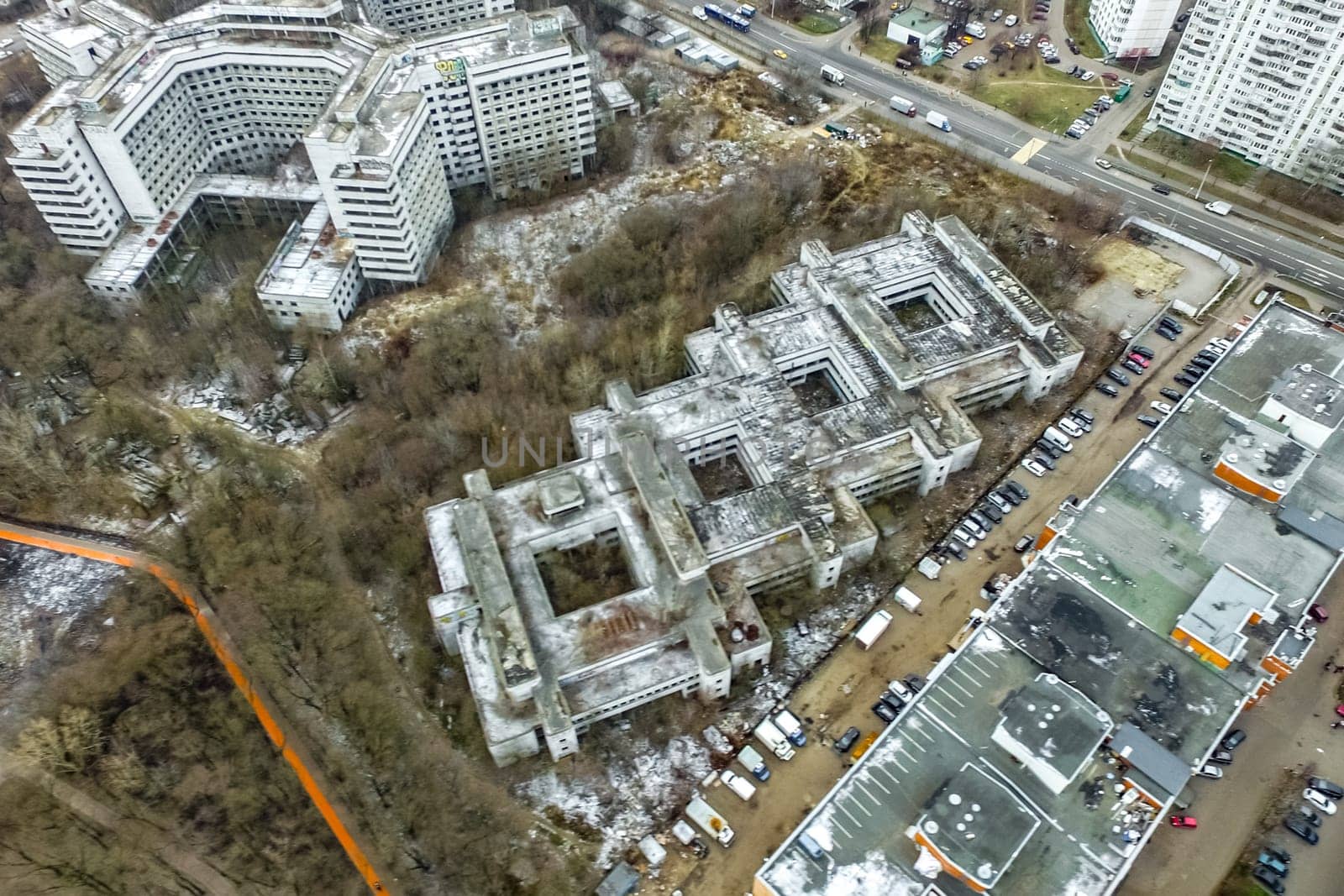 Top view of the city of Moscow, buildings and roads and other infrastructure of the city. Cityscape view from above.