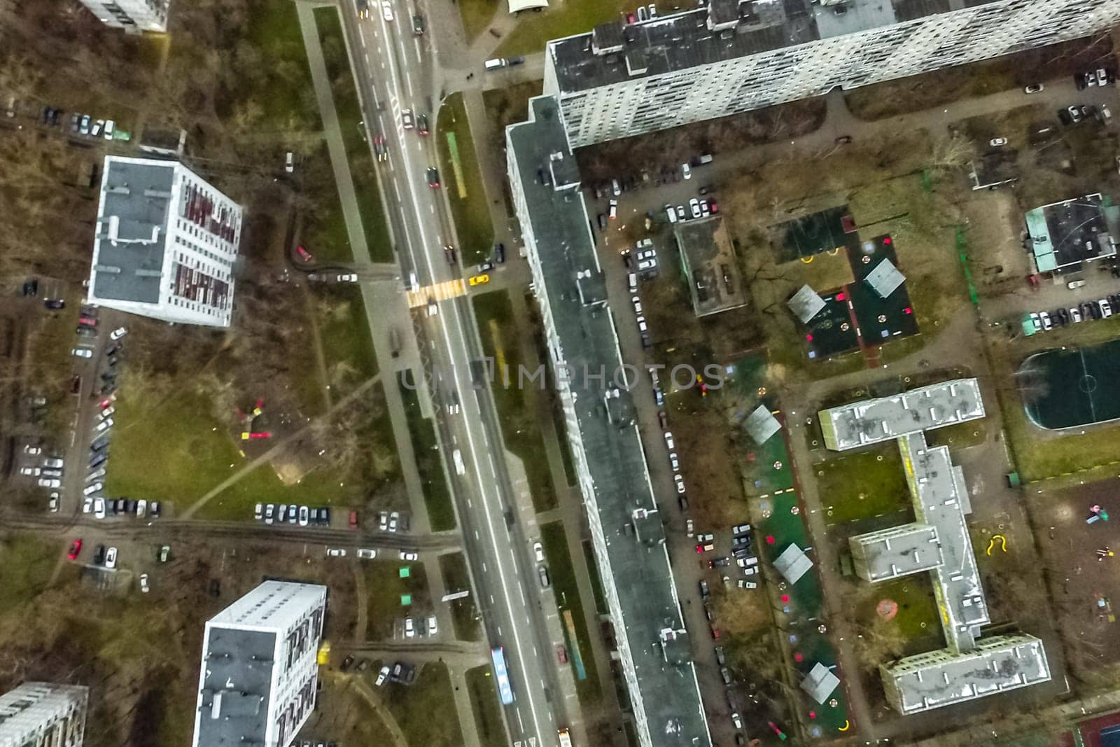 Top view of the city of Moscow, buildings and roads and other infrastructure of the city. Cityscape view from above.