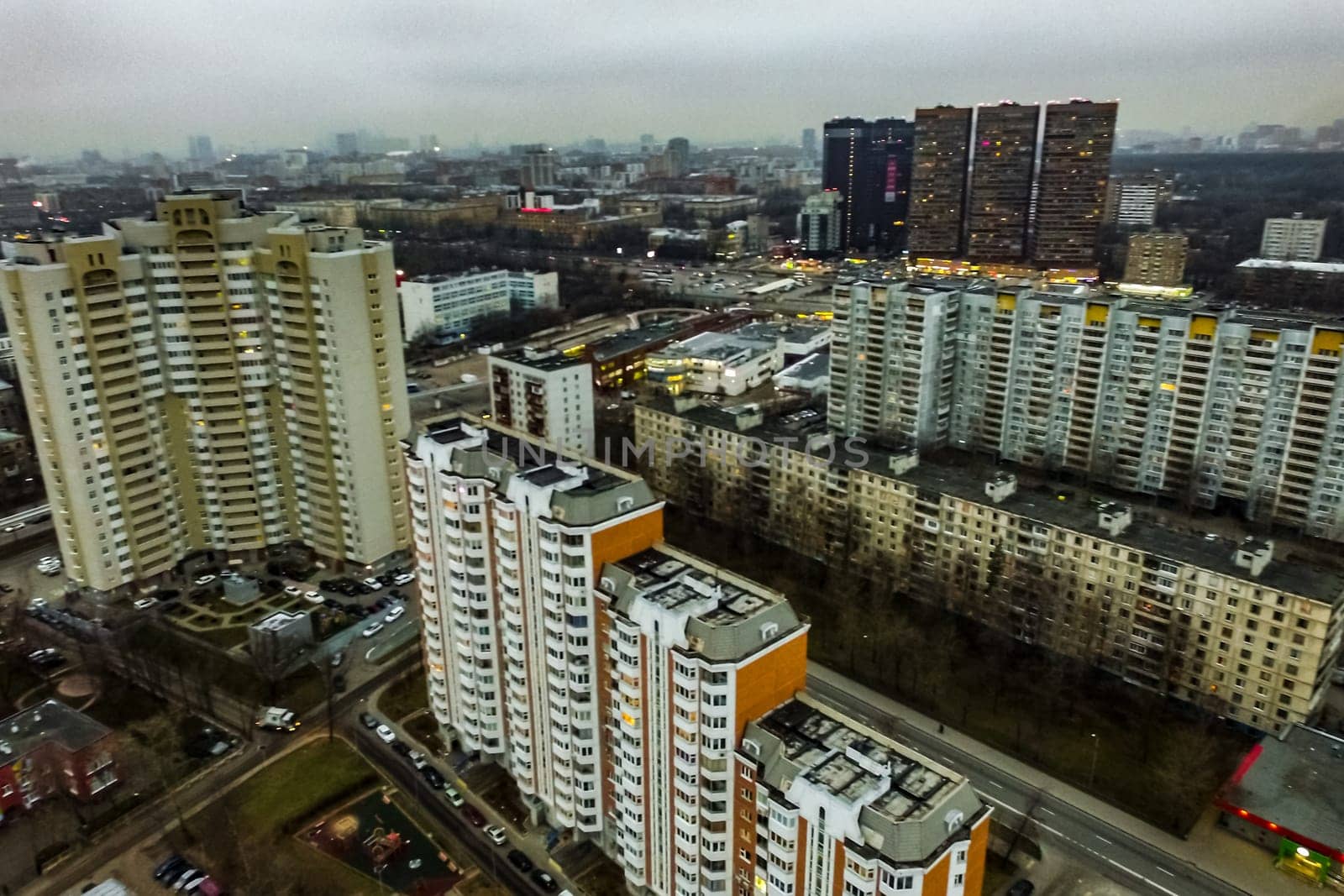 Top view of the city of Moscow, buildings and roads and other infrastructure of the city. Cityscape view from above.