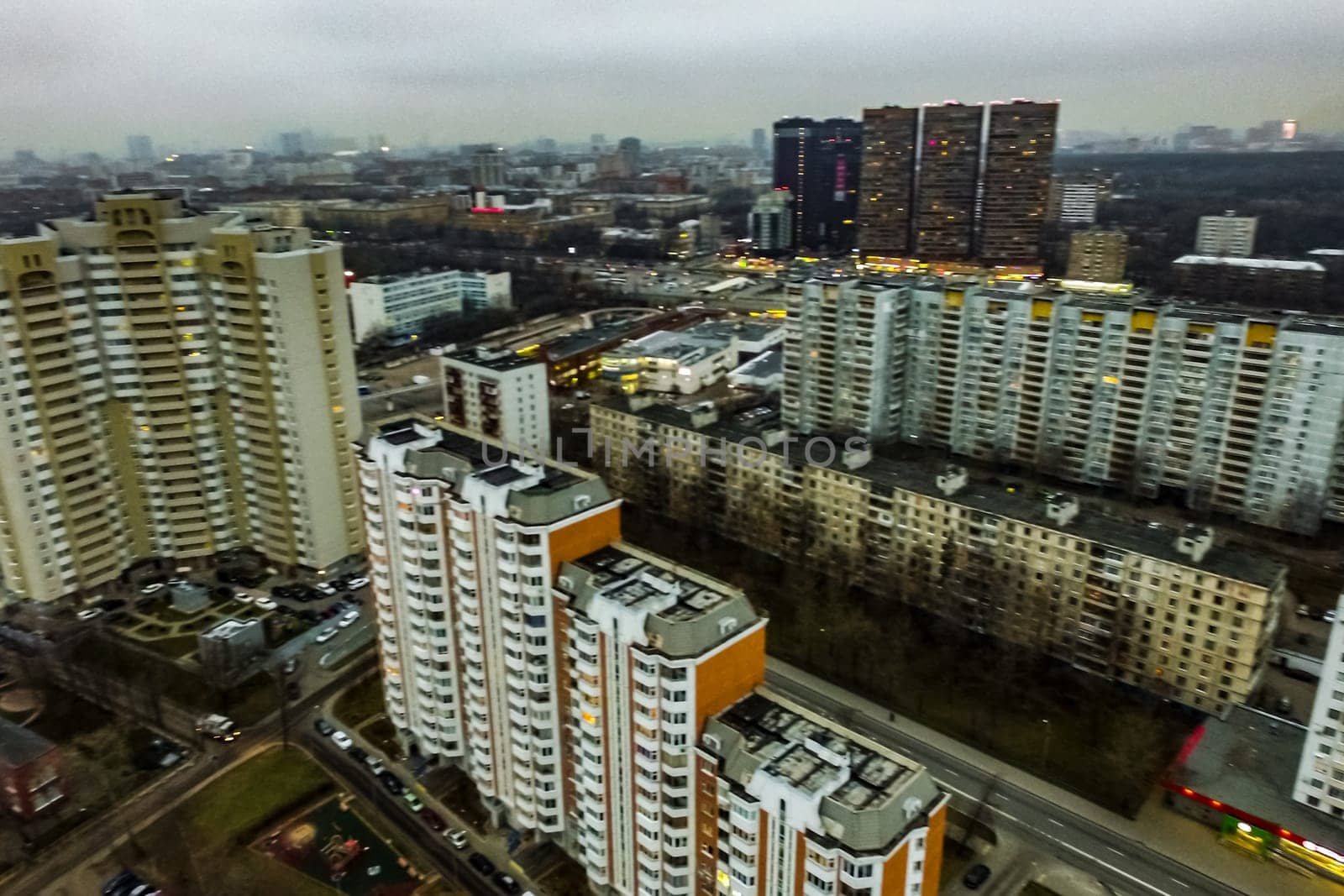 Top view of the city of Moscow, buildings and roads and other infrastructure of the city. Cityscape view from above.