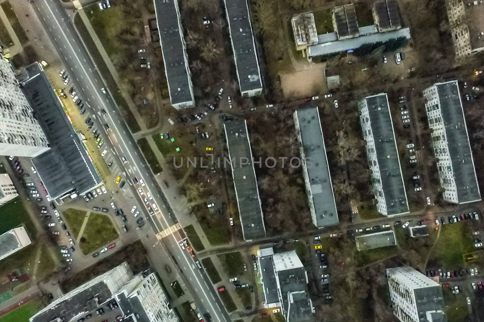 Top view of the city of Moscow, buildings and roads and other infrastructure of the city. Cityscape view from above.