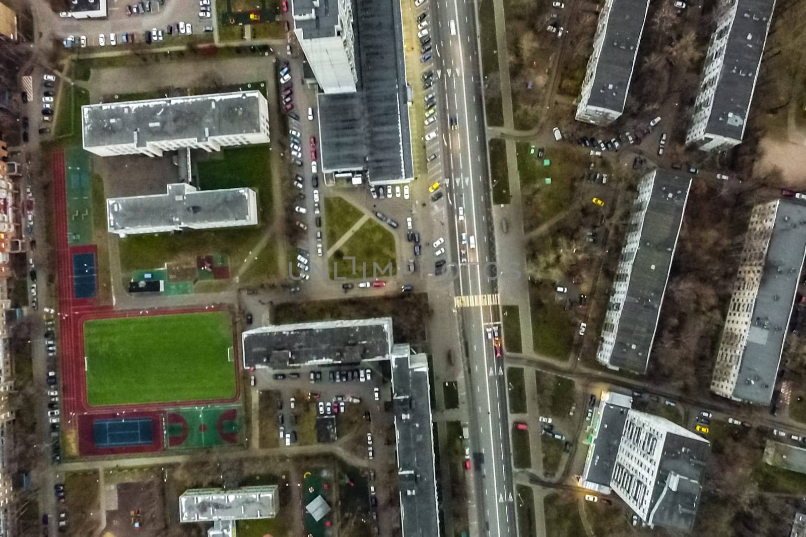 Top view of the city of Moscow, buildings and roads and other infrastructure of the city. Cityscape view from above.