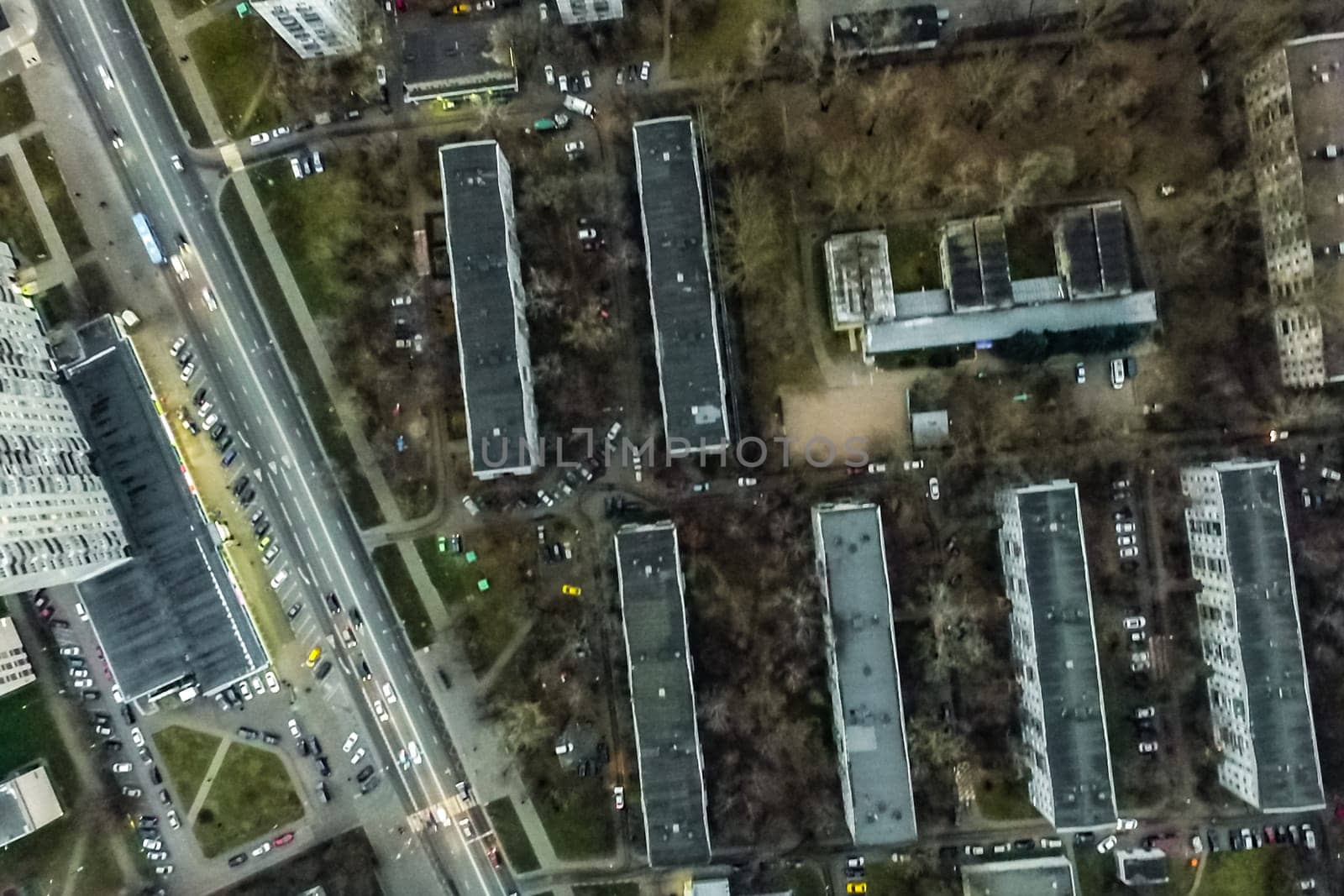 Top view of the city of Moscow, buildings and roads and other infrastructure of the city. Cityscape view from above.