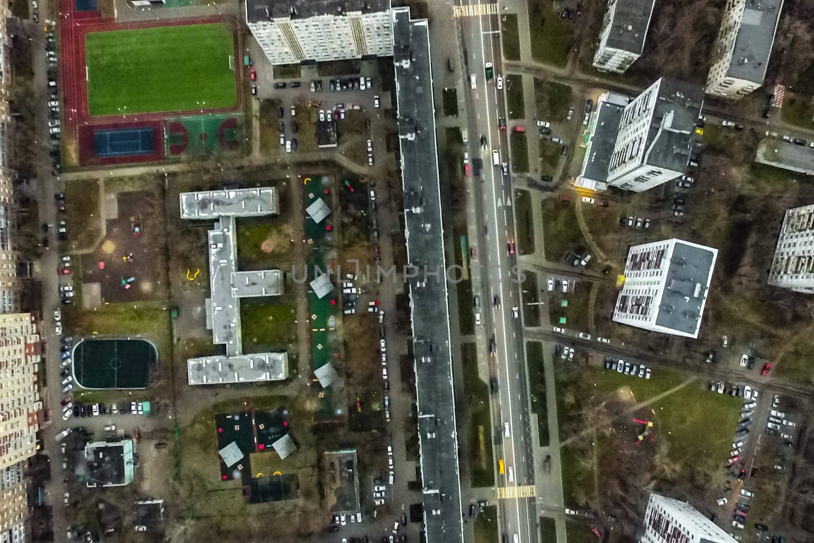 Top view of the city of Moscow, buildings and roads and other infrastructure of the city. Cityscape view from above.