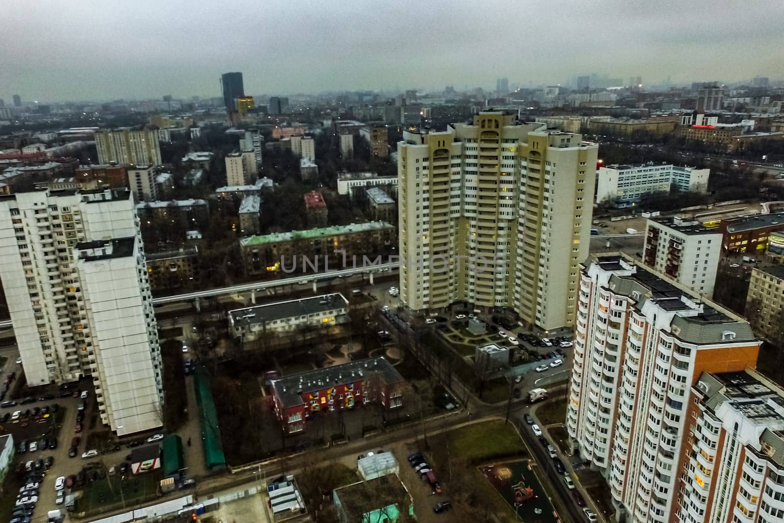 Top view of the city of Moscow, buildings and roads and other infrastructure of the city. Cityscape view from above.
