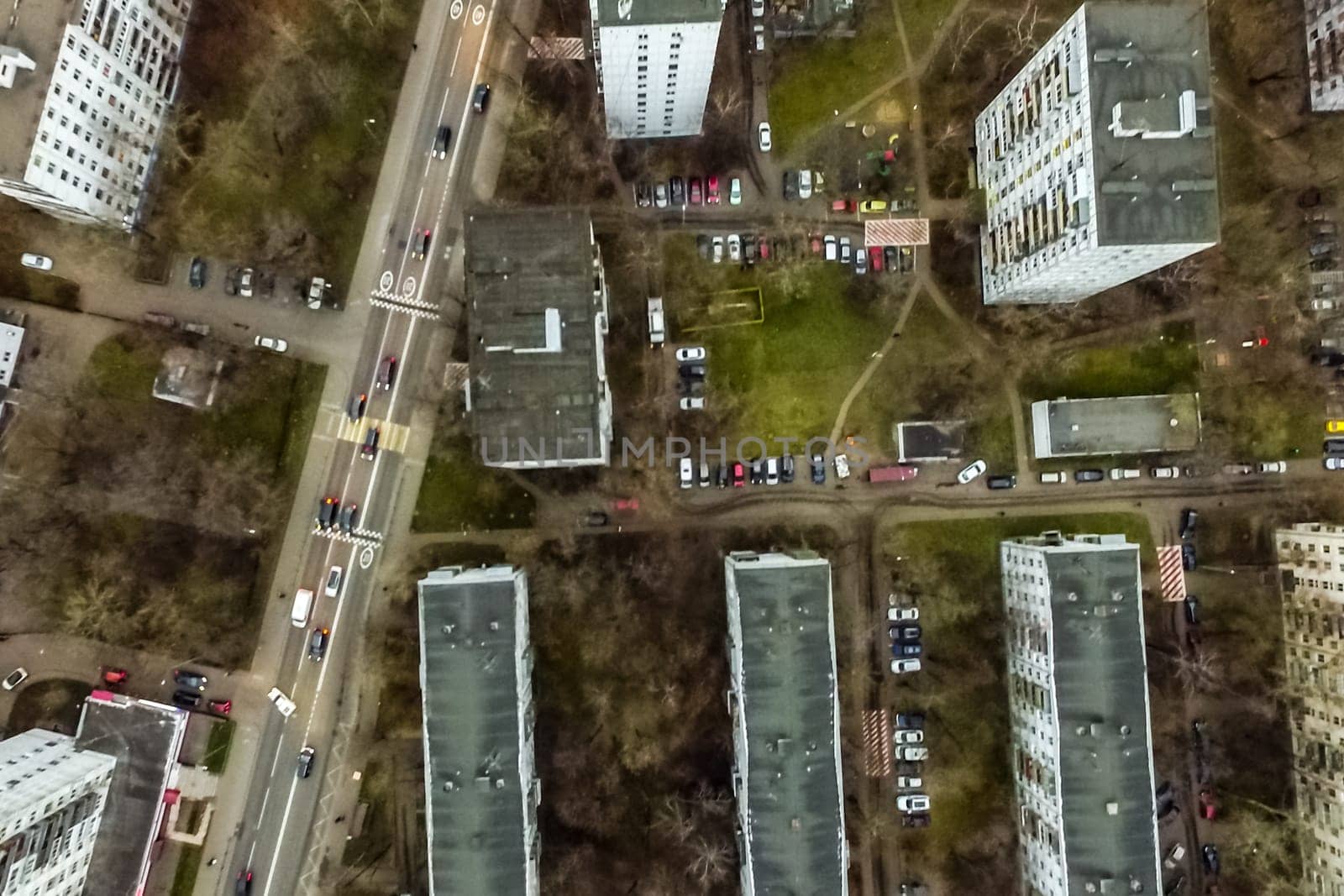 Top view of the city of Moscow, buildings and roads and other infrastructure of the city. Cityscape view from above.
