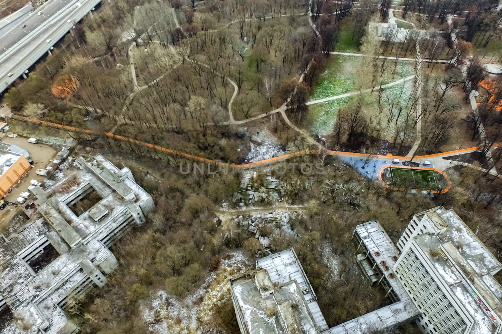 Top view of the city of Moscow, buildings and roads and other infrastructure of the city. Cityscape view from above.