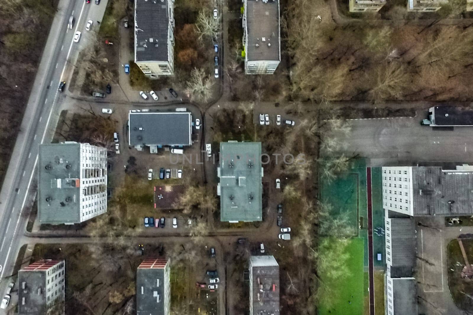 Top view of the city of Moscow, buildings and roads and other infrastructure of the city. Cityscape view from above.