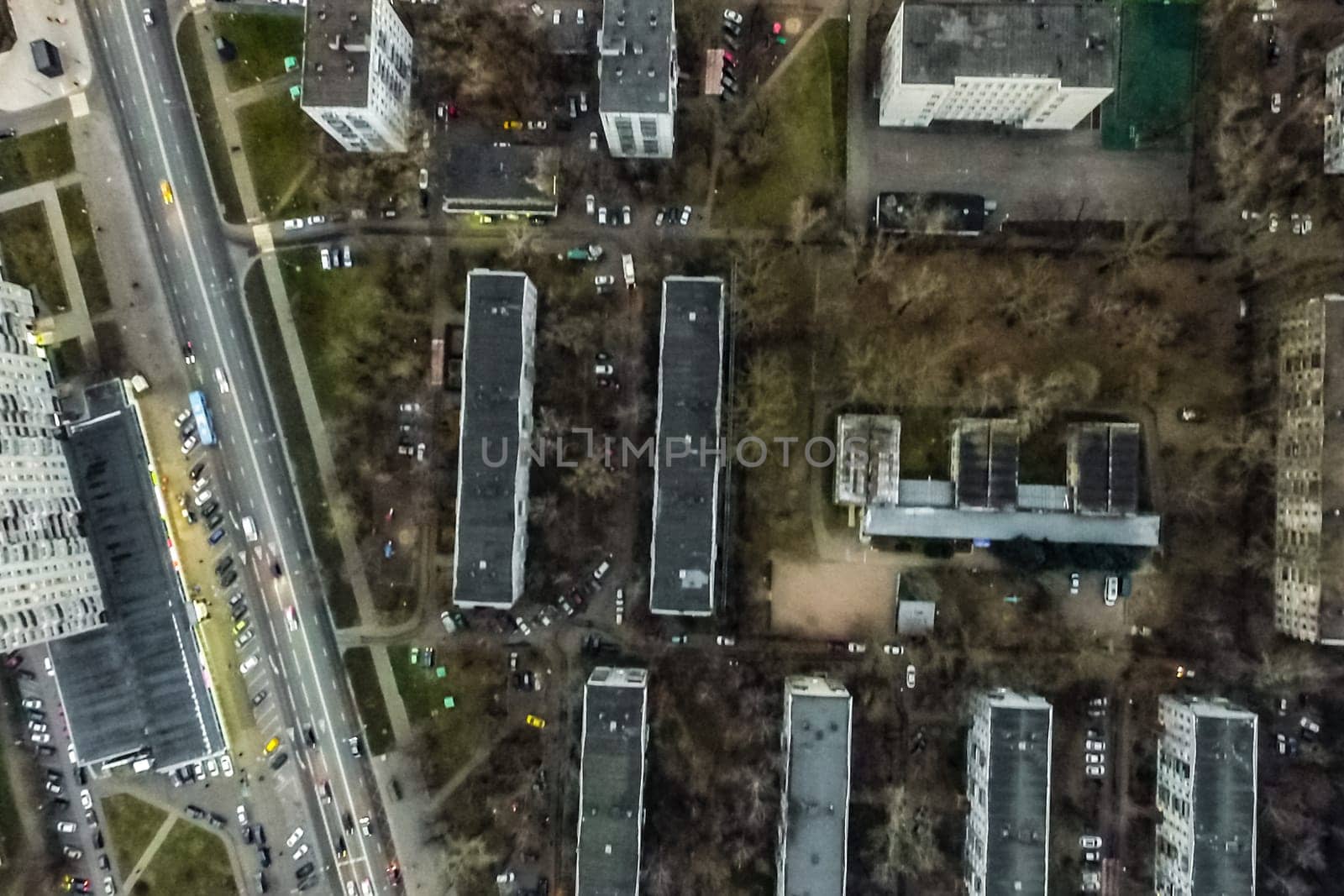Top view of the city of Moscow, buildings and roads and other infrastructure of the city. Cityscape view from above.