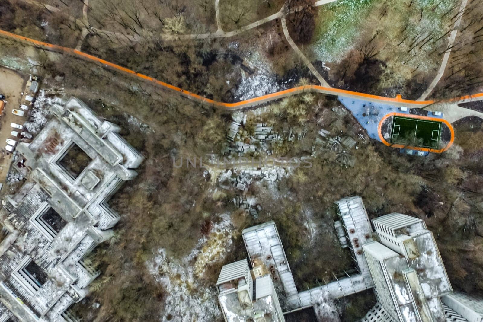Top view of the city of Moscow, buildings and roads and other infrastructure of the city. Cityscape view from above.
