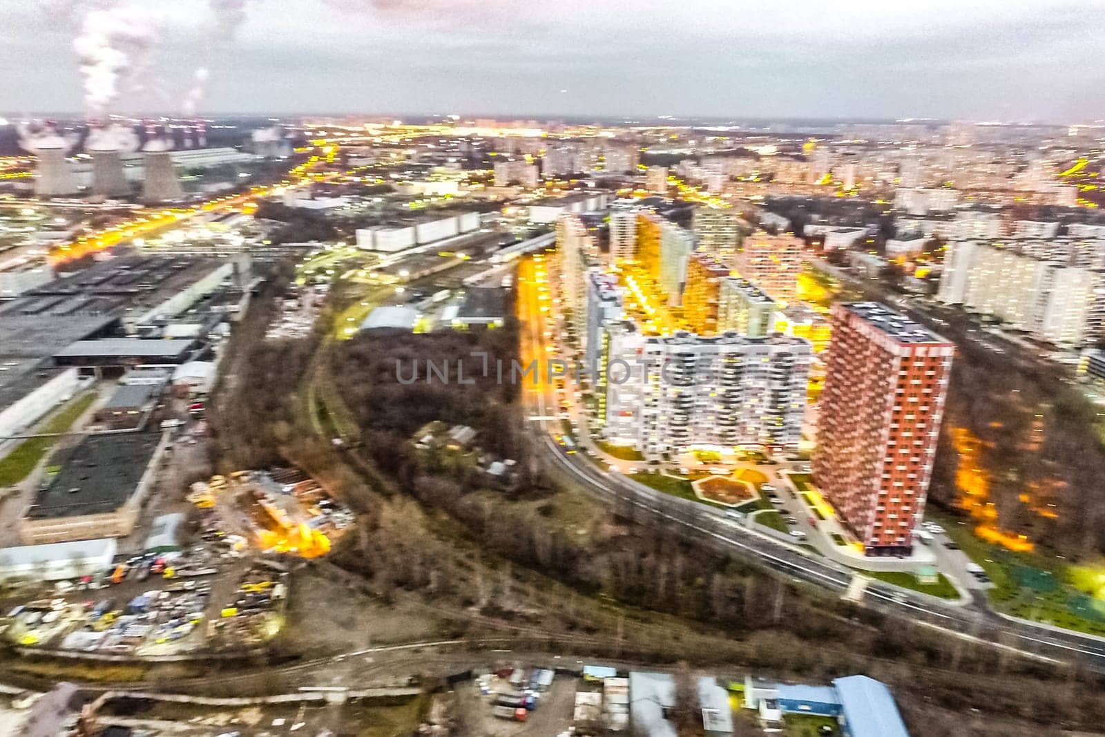 Top view of the city of Moscow, buildings and roads and other infrastructure of the city. Cityscape view from above.