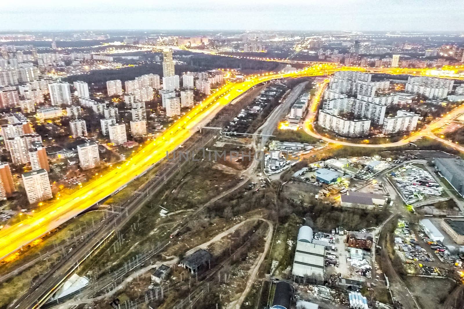 Top view of the city of Moscow, buildings and roads and other infrastructure of the city. Cityscape view from above.