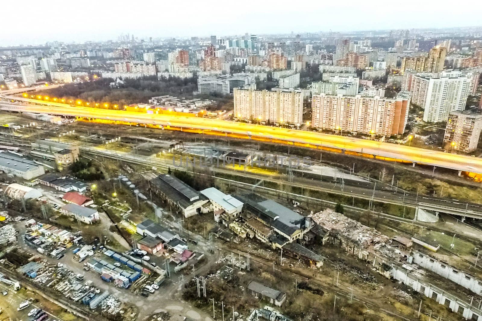 Top view of the city of Moscow, buildings and roads and other infrastructure of the city. Cityscape view from above.