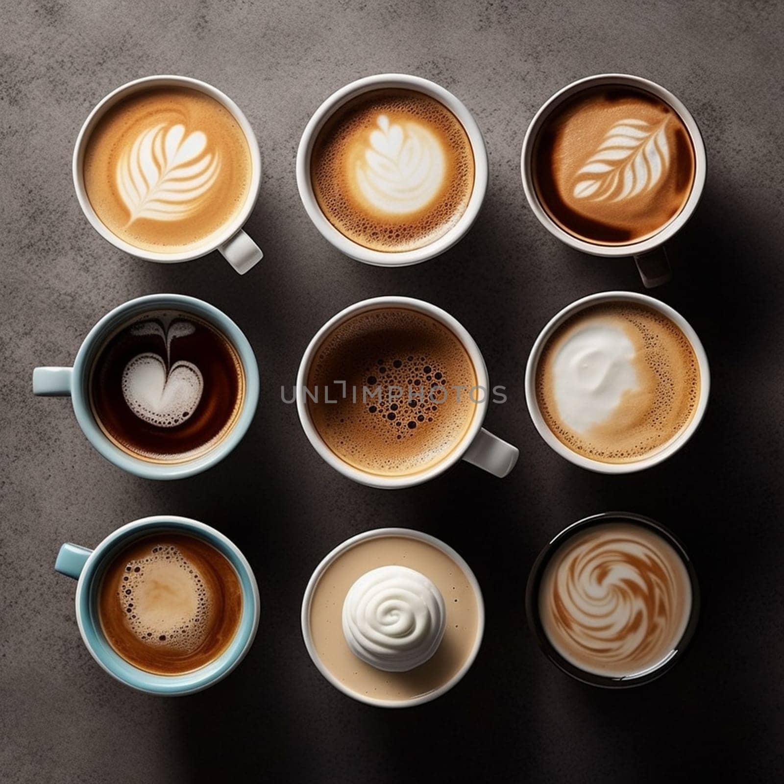 Variety of coffee like cappuccino, espresso, milk coffee, hot drink for breakfast, take a break, generative AI