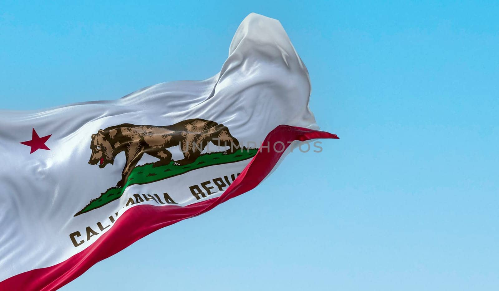 California State flag waving in the wind on a clear day. California flag is also the Bear Flag. 3d illustration render. Rippled Fabric.