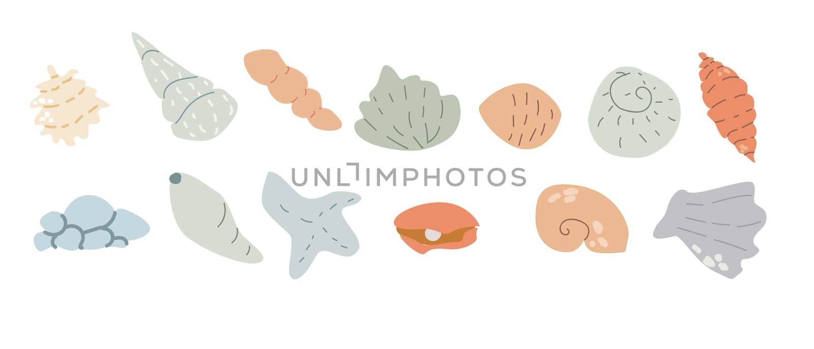 Cute childrens sea animals set. Marine underwater elements collection. Ocean inhabitants shells. Wild aquatic creatures in childish naive hand drawn style.