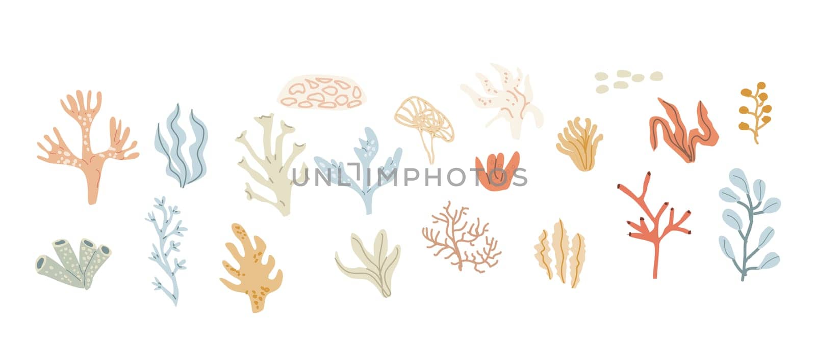Cute childrens sea plants set. Marine underwater elements collection. Ocean inhabitants set of coral. Wild aquatic creatures in childish naive hand drawn style.