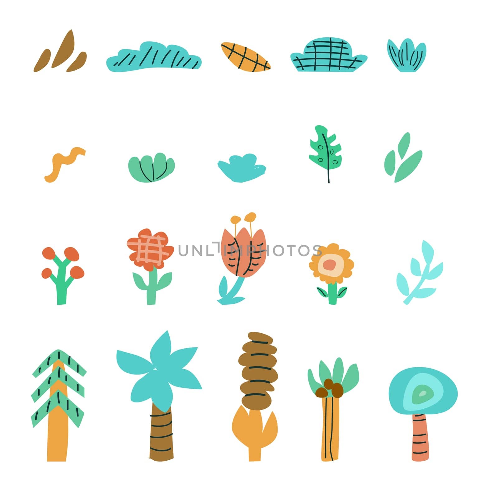 Cute childrens floral elements set. Tropical and scandinavian tree, flower, plant collection. Palms and christmas tree in childish style. Naive doodle floral set for poster, pattern, greeting card.
