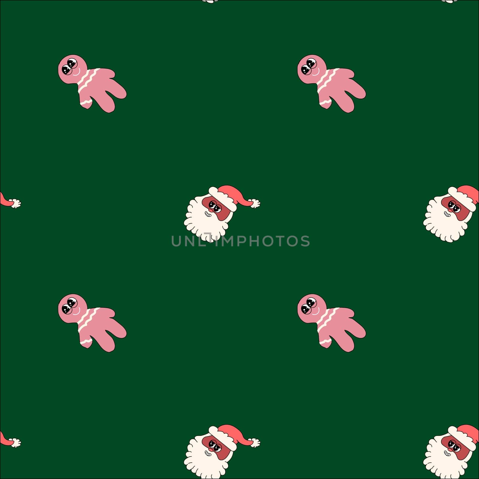 Happy new year pattern with y2k elements. Groovy characters background with santa, snow ball, xmas tree, gifts. Christmas groovy hippie pattern with retro characters in 60s, 70s, y2k style