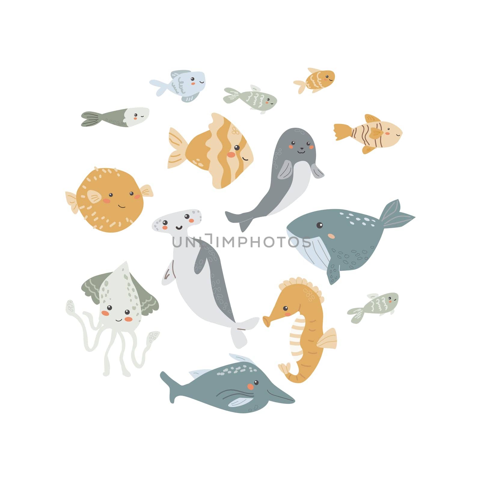 Childrens sea animal background with shell. Nautical elements card. Cute fish or ocean inhabitant with seaweed, shells. Sea wild life, marine animals background with plants for cover design, cloth