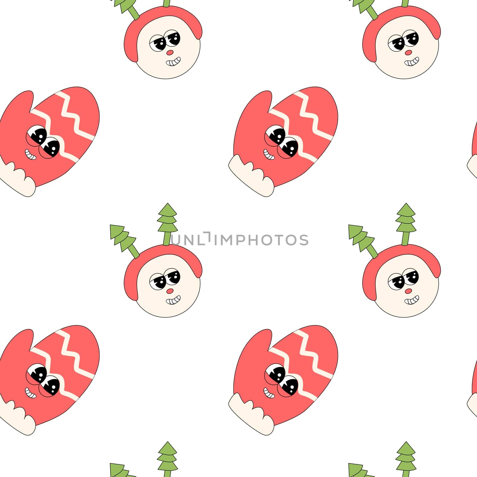 Happy new year pattern with y2k elements. Groovy characters background with santa, snow ball, xmas tree, gifts. Christmas groovy hippie pattern with retro characters in 60s, 70s, y2k style