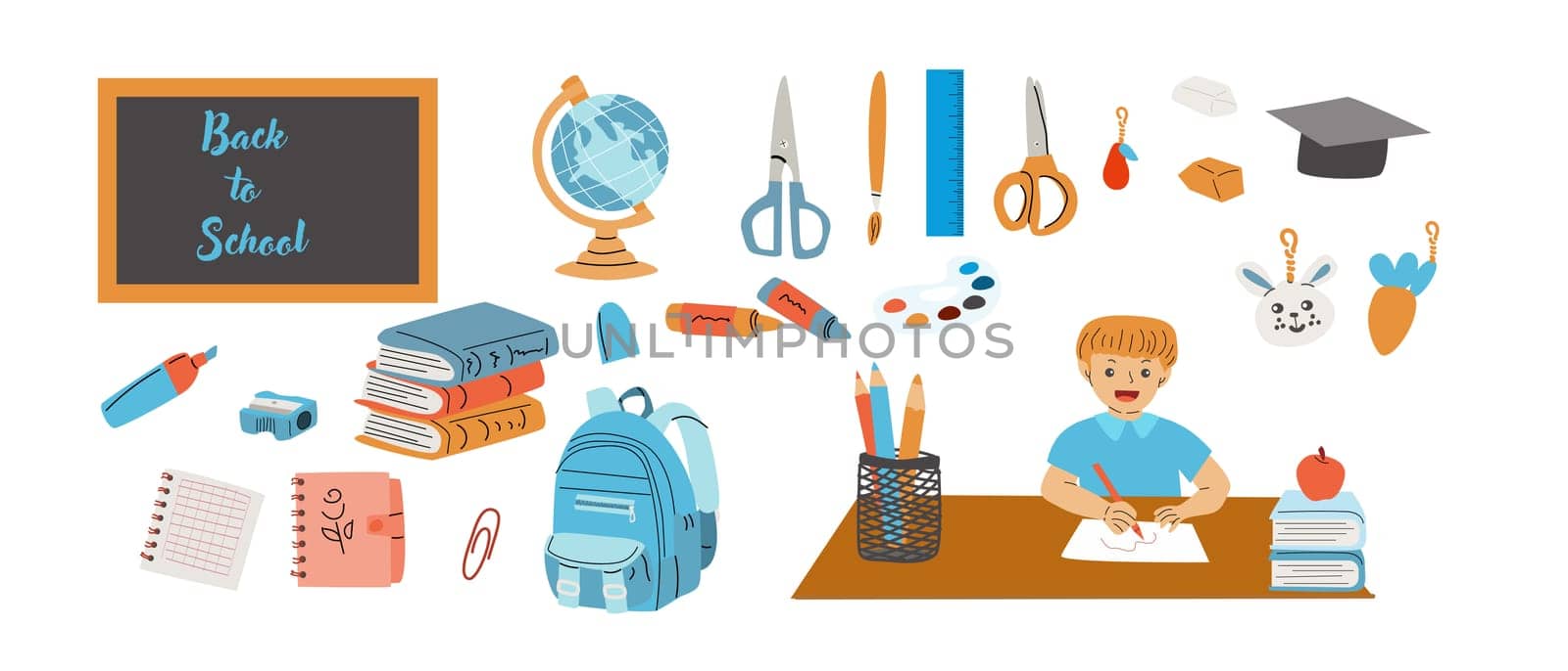 Childrens supplies cute elements of elementary school. Schoolbag, pendant, globe, pencils and books, notes for stickers, scrapbooking. Kindergarten flat elements for education. Back to school.