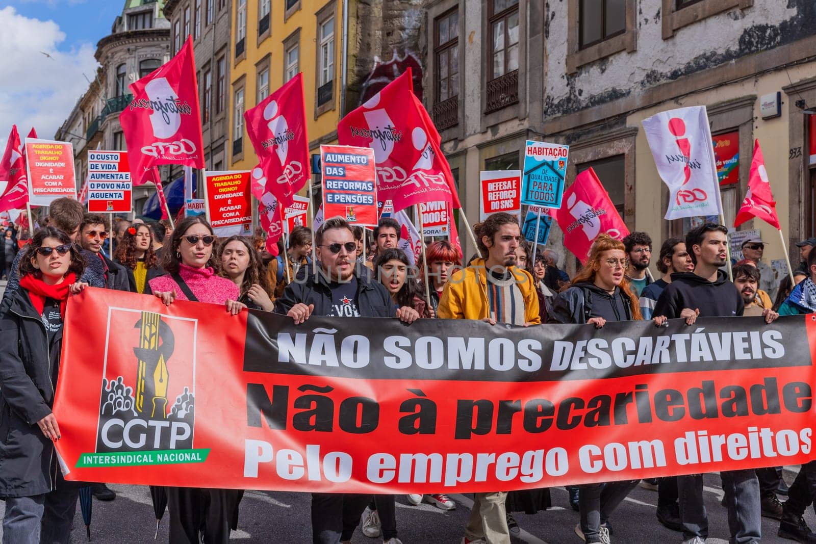 Porto, Portugal: May 1, 2024: Celebration and Protest of the May 1in Portugal, Labour Day, in Porto, Portugal