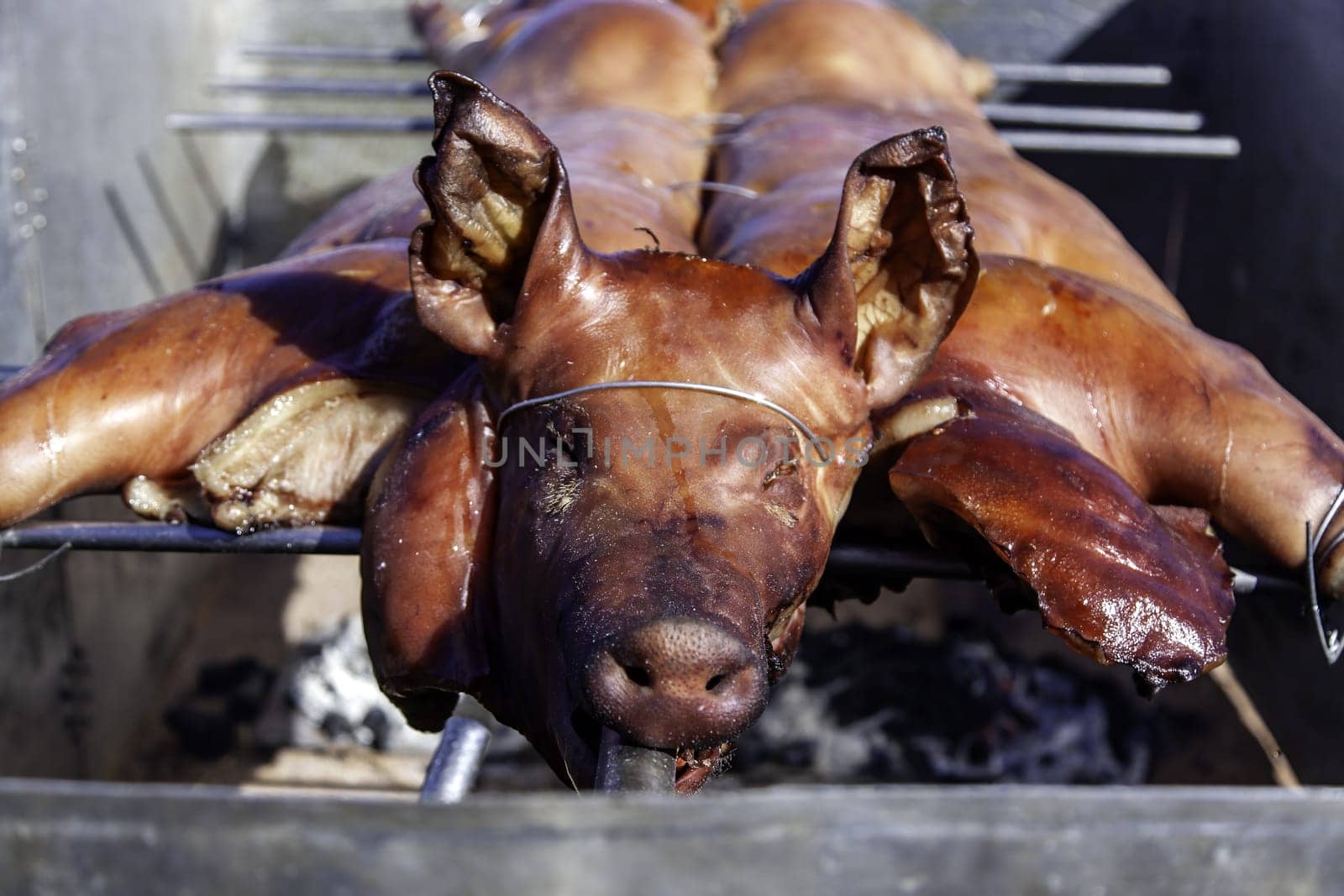 Detail of roast pork at a street celebration, food